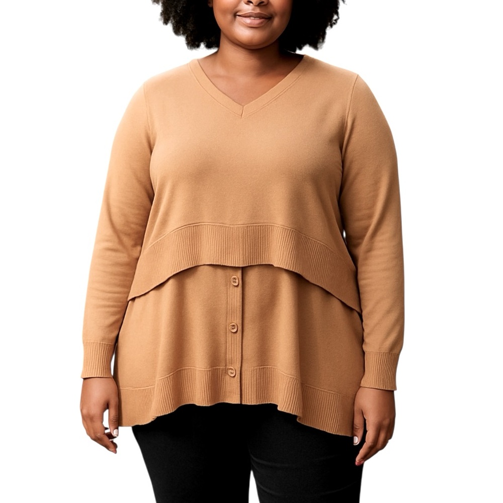 DG2 Diane Gilman Apricot Layered V-Neck Sweater Size 3X Neutral Casual